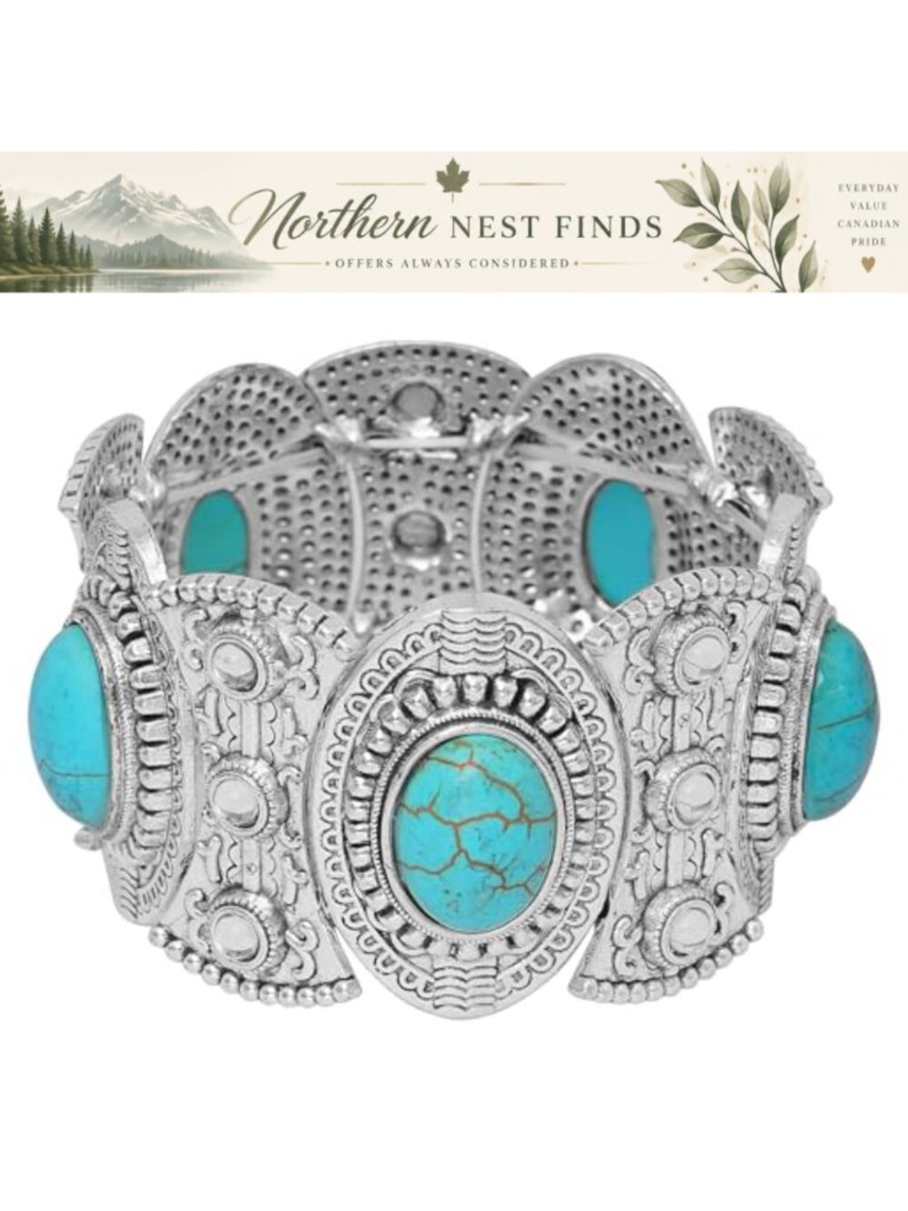 Turquoise Boho Stretch Bracelet Alloy Adjustable Carved Wrist Bangle